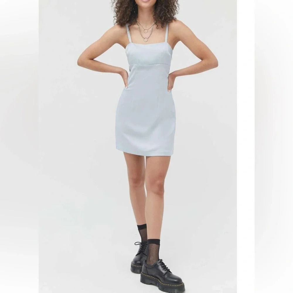 Urban Outfitters Baby Blue Wesley Satin‎ Straight Neck Slip Mini Dress